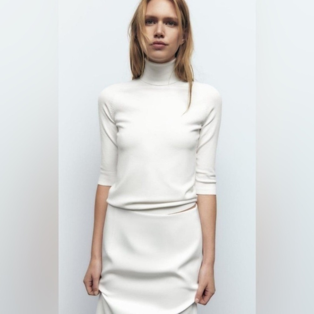 🤍Zara White Knit Turtleneck Sweater, 3/4 sleeves